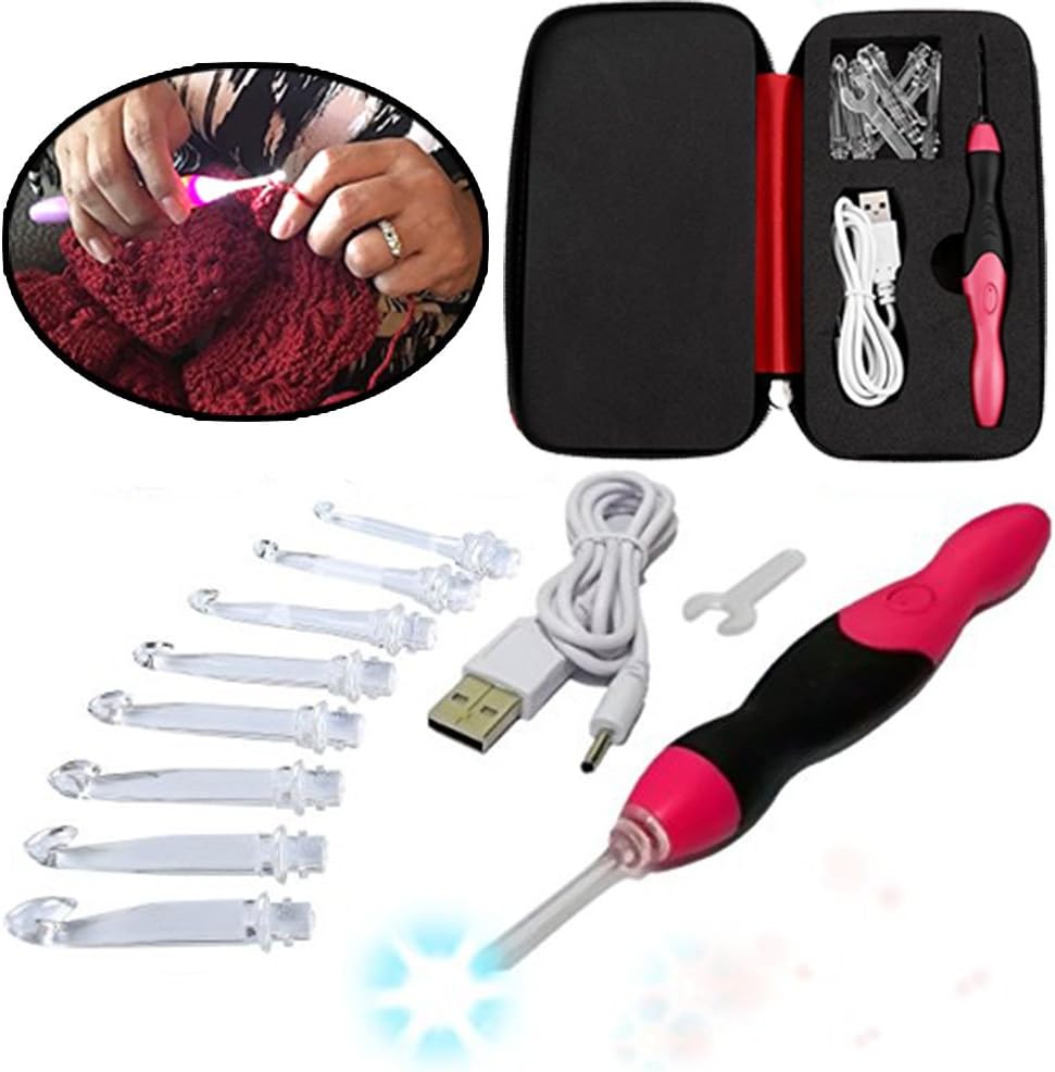 LED Lighted Ergonomic USB Rechargeable Crochet Hooks Set with Case Light Up Knitting Needles Kit - 9 Sizes