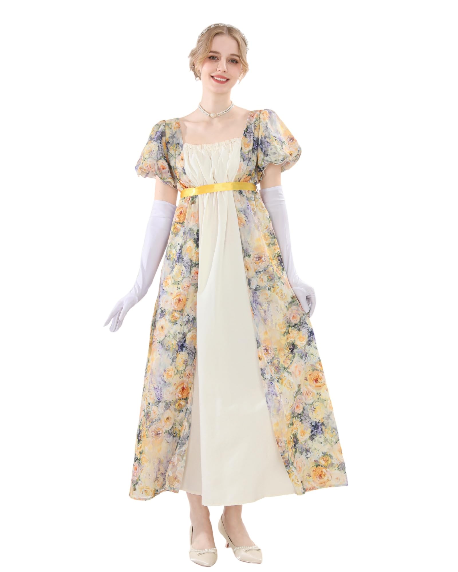 NSPSTT Women's Regency Dress Victorian Dress Jane Austen Long Vintage Dresses Ball Gown with Gloves Empire Waist, M - Image 2