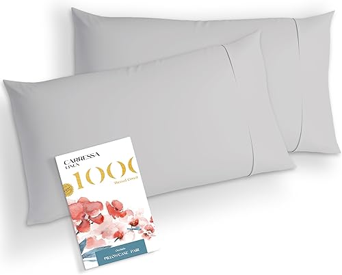 Juego de 2 fundas de almohada de algodón egipcio de 1000 hilos, color plateado, tamaño King, almohadas de algodón puro peinado de fibras largas para