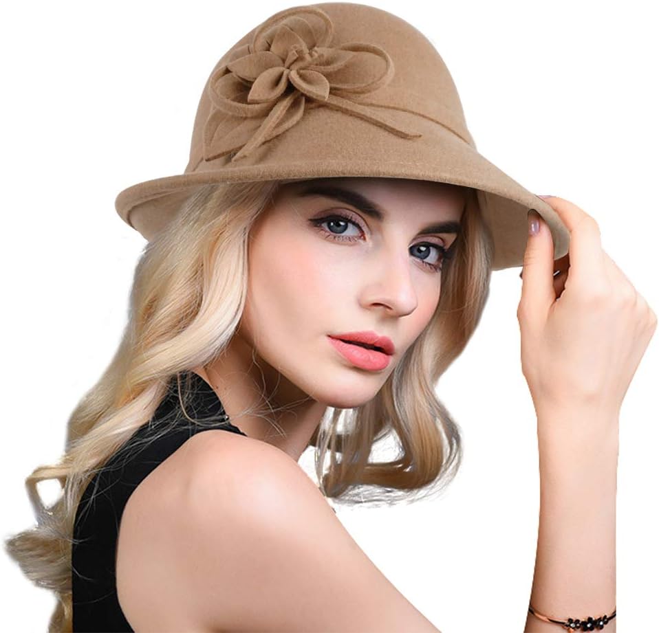 Bellady Women's Elegant Flower Wool Cloche Bucket Bowler Hat