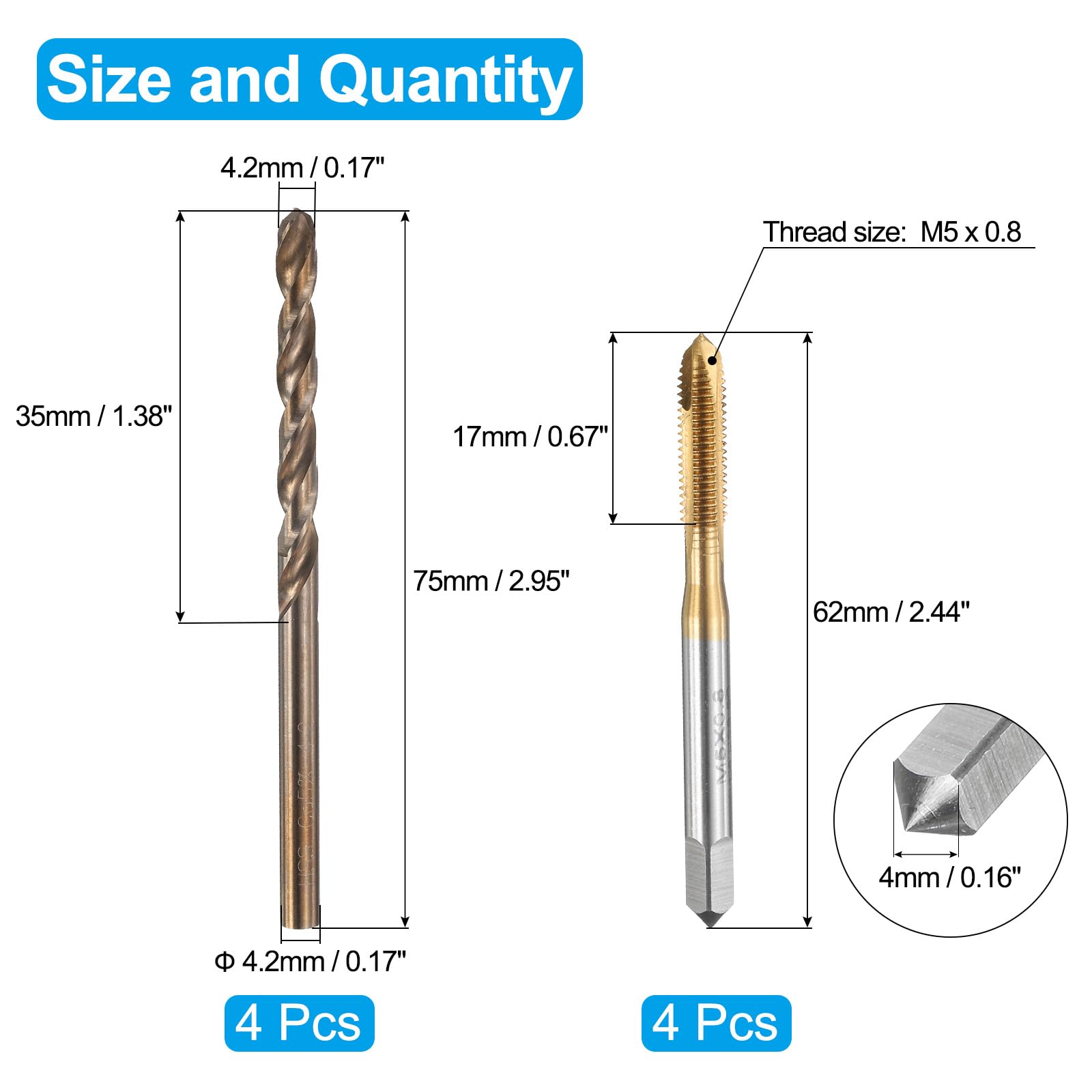 QUARKZMAN Set di Punte e Maschi per Filettare, 4pz M5 x 0.8 Maschi a Spirale Metrici per Filettare & 4pz Punte da Trapano da 4.2mm, Rivestiti in Titanio/Giallo Arrostito HSS-6542/M35