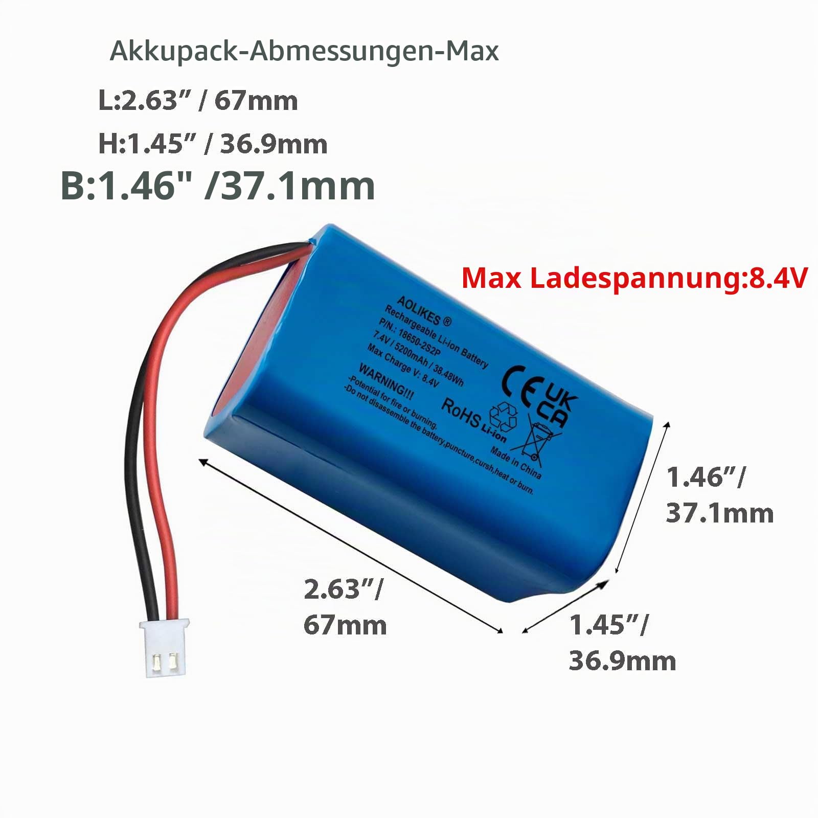 7,4 V 5200 mAh wiederaufladbare Lithium Ionen Akku mit XH2.54/2P Anschlüsse, 18650 DIY-Batterien 2S2P Li-Ion Akkupack unterstützen 3C Dauerentladung