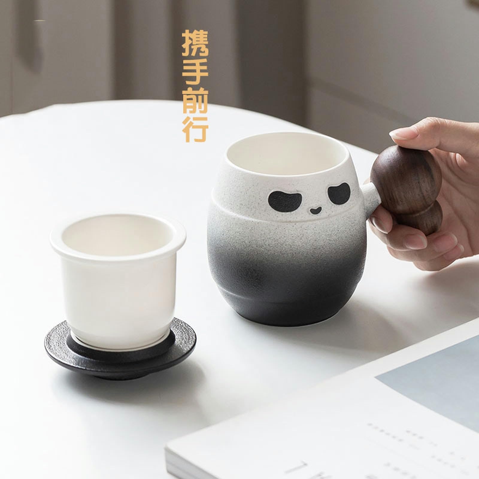 CAPIJIONG Bureau en céramique de 300ml/10 oz avec couverture, fabrication de thé, séparation du thé, filtre personnel, tasse de panda, tasse d'amoureux pour le bureau-boîte-cadeau - bleu-301-400ml