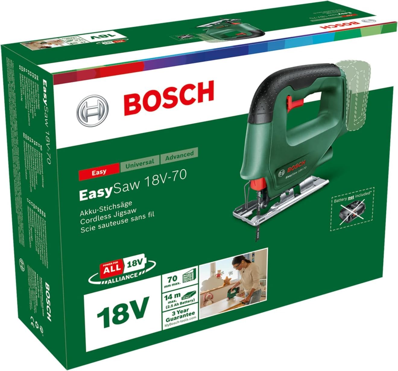 Bosch Seghetto alternativo a batteria EasySaw 18V-70 (senza batteria, sistema da 18 volt, confezione in cartone)