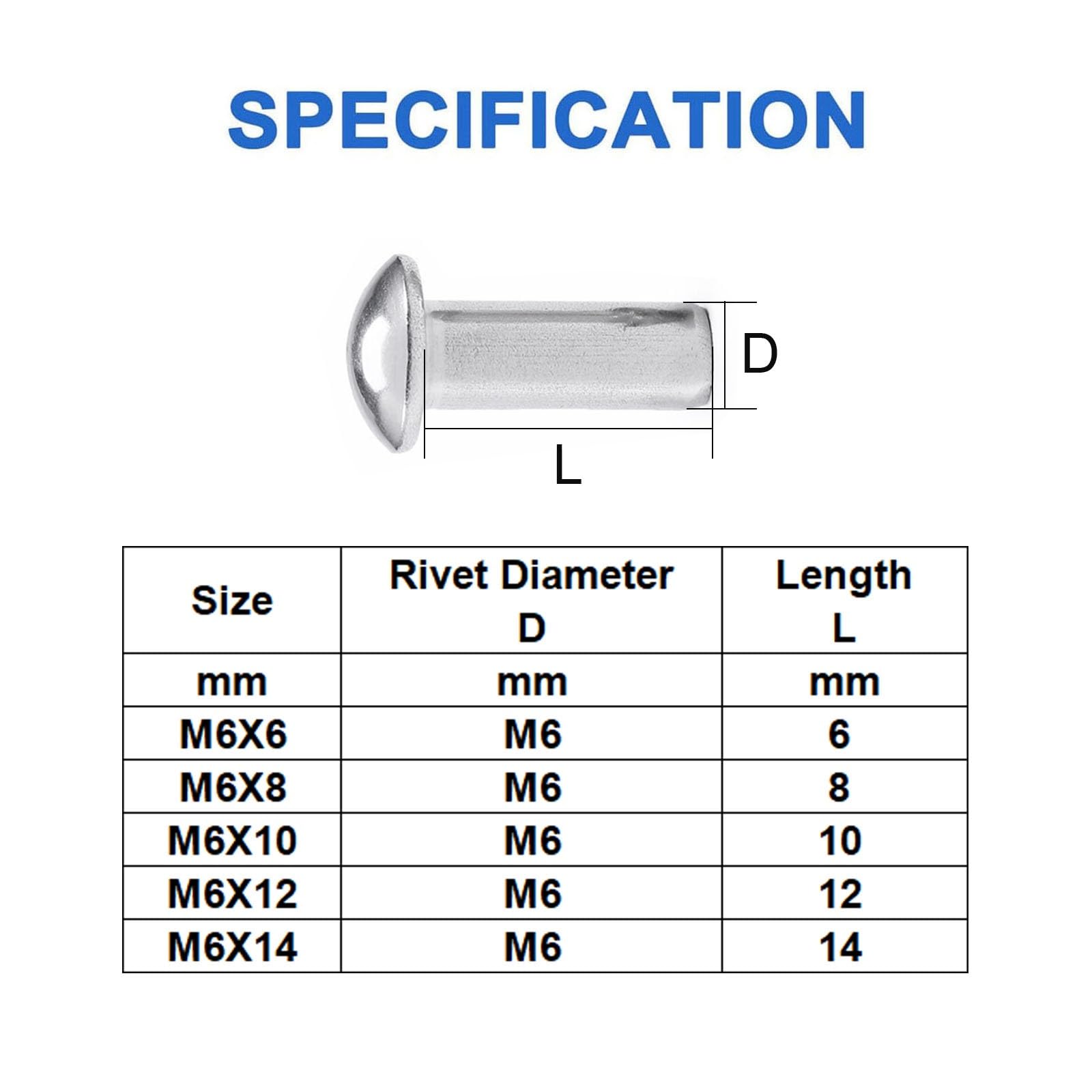 20 Pièces Rivets Massifs, M6X50mm Acier Inox Rivets Solides Tête Bombée