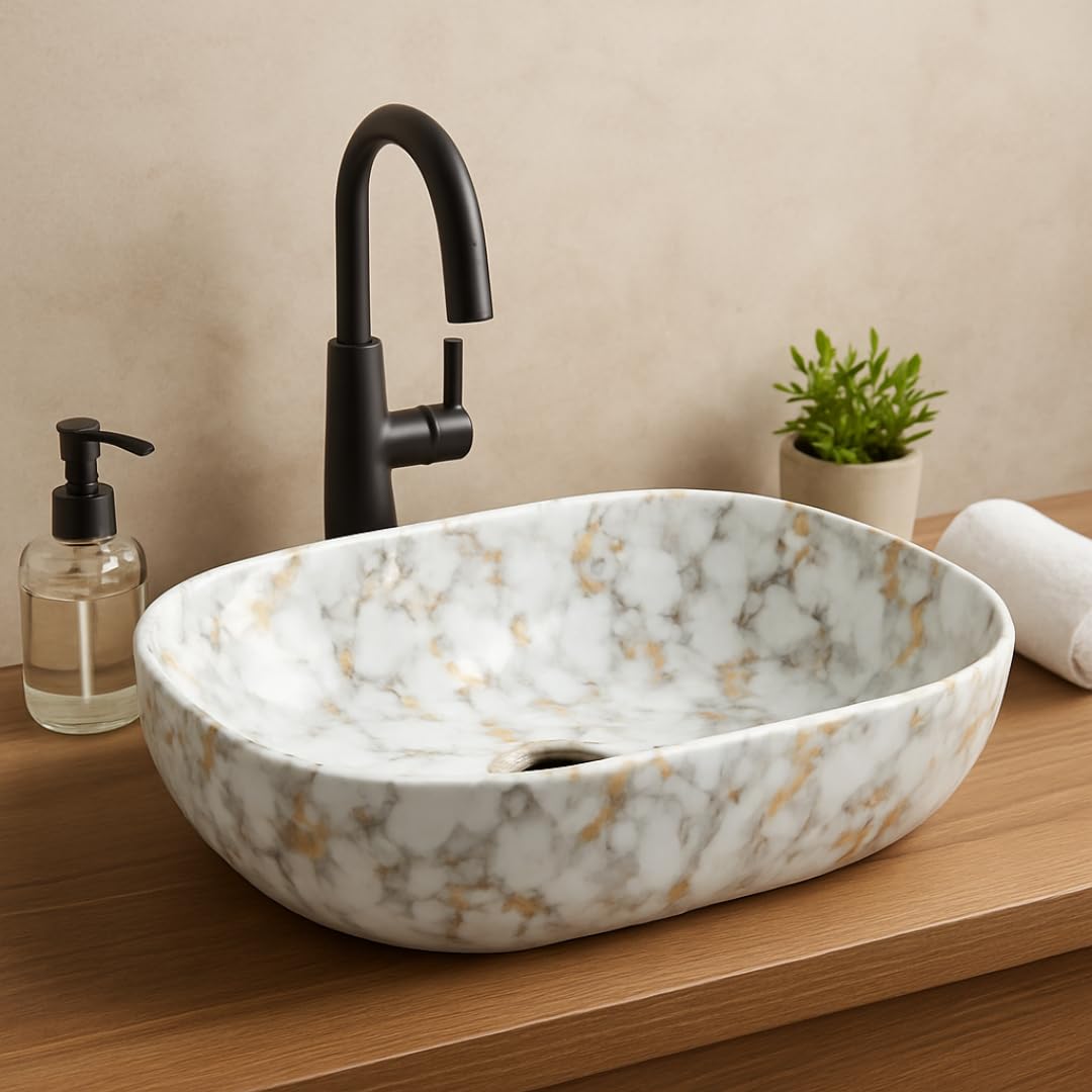 HISRE Table Top Counter Basin | Wash Basin Countertop | Tabletop Ceramic Bathroom Sink | Wash Basin Over Counter | Wash Basin For Bathroom (45 x 32 x 10 CM) (White - Grey & Golden Design), photo 2 of 4