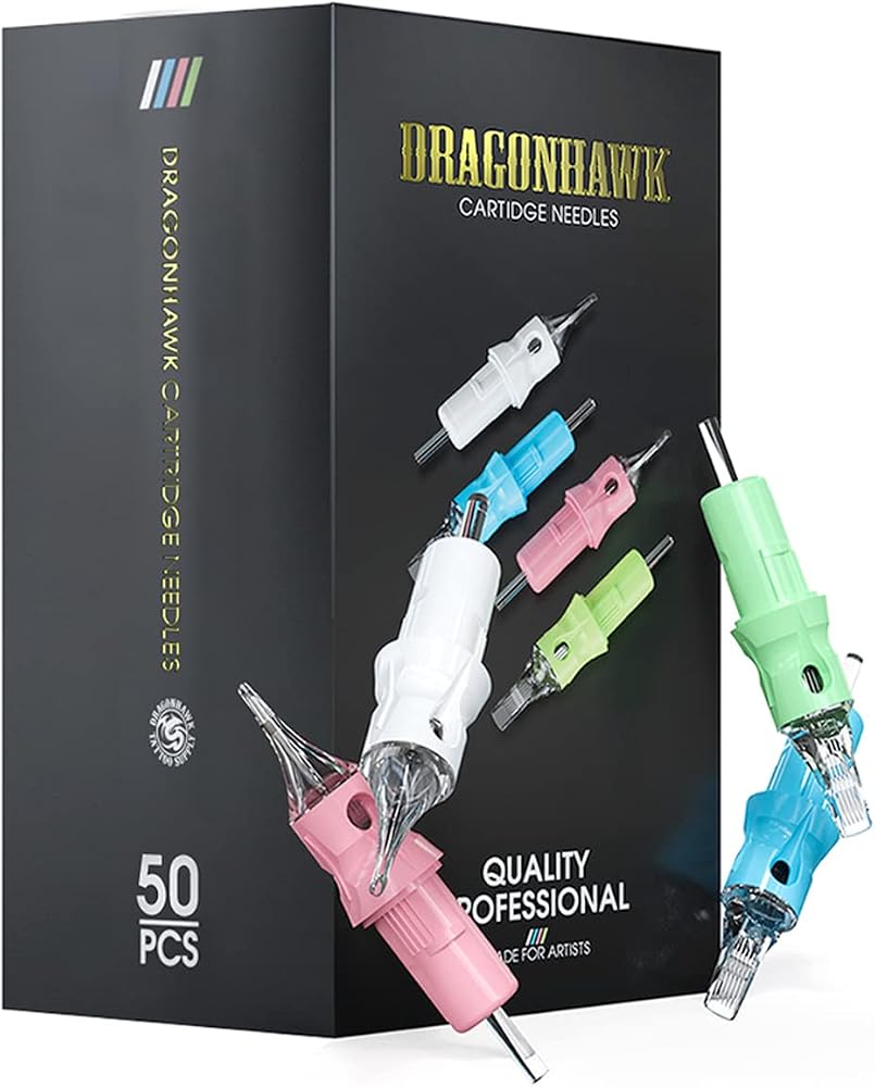 Dragonhawk タトゥーカートリッジ針 50本入り #12 アソートミックスサイズ ラウンドライナー 1RL 3RL 5RL 7RM 9RM カーブマグナム使い捨てメンブレン ロータリーペンマシン用