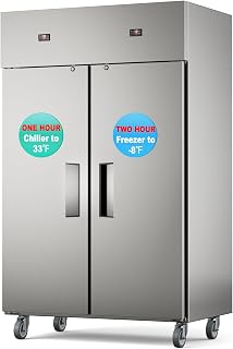 Commercial Reach in Freezer & Refrigerator 2 in 1, 38 Cu.ft Upright 2 Doors Auto-Defrost, Stainless Steel Fridge Freezer Combo with Wheels for Restaurant, Bar, Shop