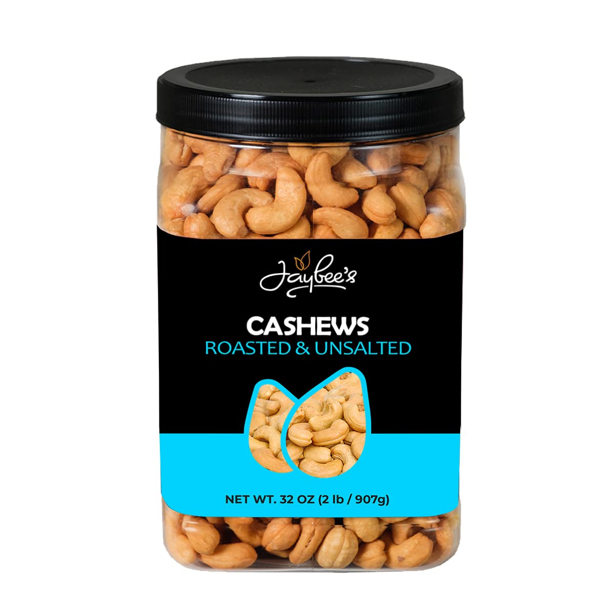 Jaybee's Nuts - Cashews Roasted Unsalted - Whole - Healthy Protein, Vitamins, Nutritional Gourmet Snacks, Gift Giving- Reusable Container - Certified Kosher - Vegan & Keto Friendly Superfood Snack (32 Ounces)