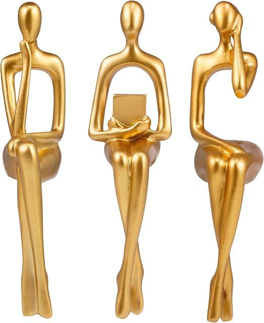 Cliplanyard Nordic Thinker Statue, 3Pcs Abstract Figurines Thinker Statues Modern Collectible Figurines Resin Bookshelf Sitting Sculpture Ornaments for Living Room Office (Gold)
