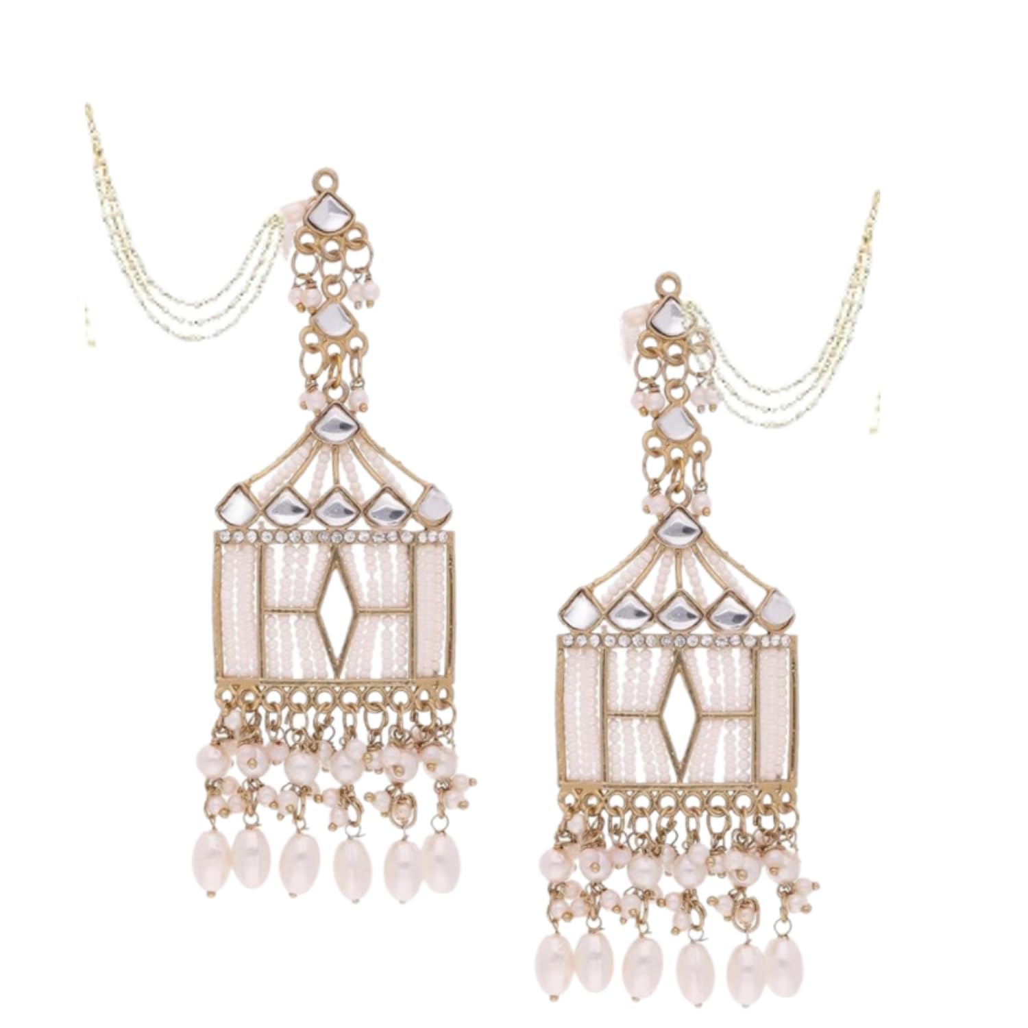 Flaring jewellers white silver plated Antique Kundan and pearl studed Long and Drop & Dangle earrings for women and girls with ear chain - perfect for every occasion Traditional type. (B0DCVP68HB) Amazon Price History, Amazon Price Tracker