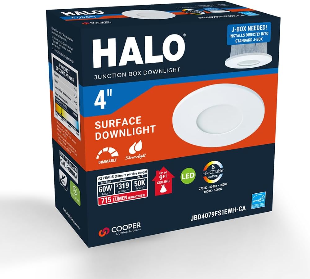HALO JBD 4 Inch Slim Surface Mount LED Downlight with Selectable CCT, 700 Lumens, Wet Location-Listed - JBD4079FS1EWH-CA