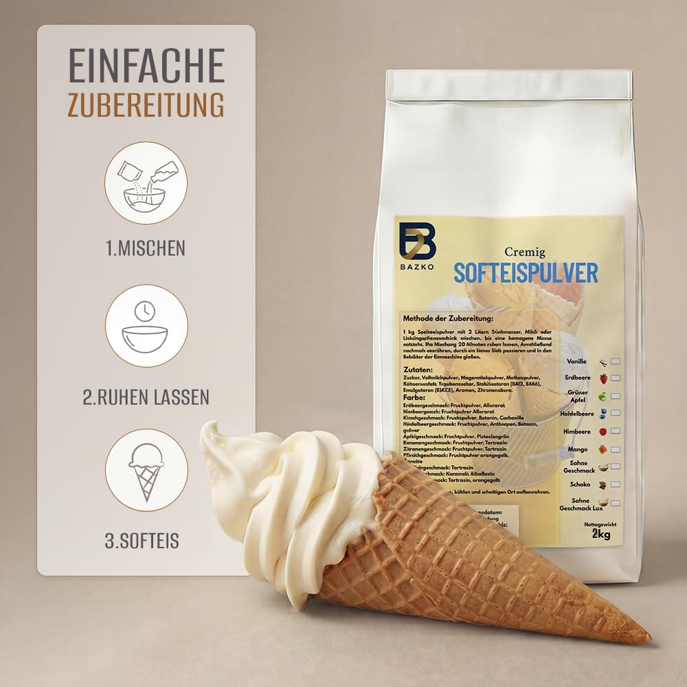 Bazko Sahne Geschmack Eispulver für Eismaschine 2 kg für 6 kg Eis Cremig Ergiebig