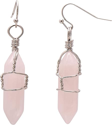 Joseph Brothers Natural Rose Quartz Wire Wrapped Point Crystal Earrings for Women Reiki Energy Healing