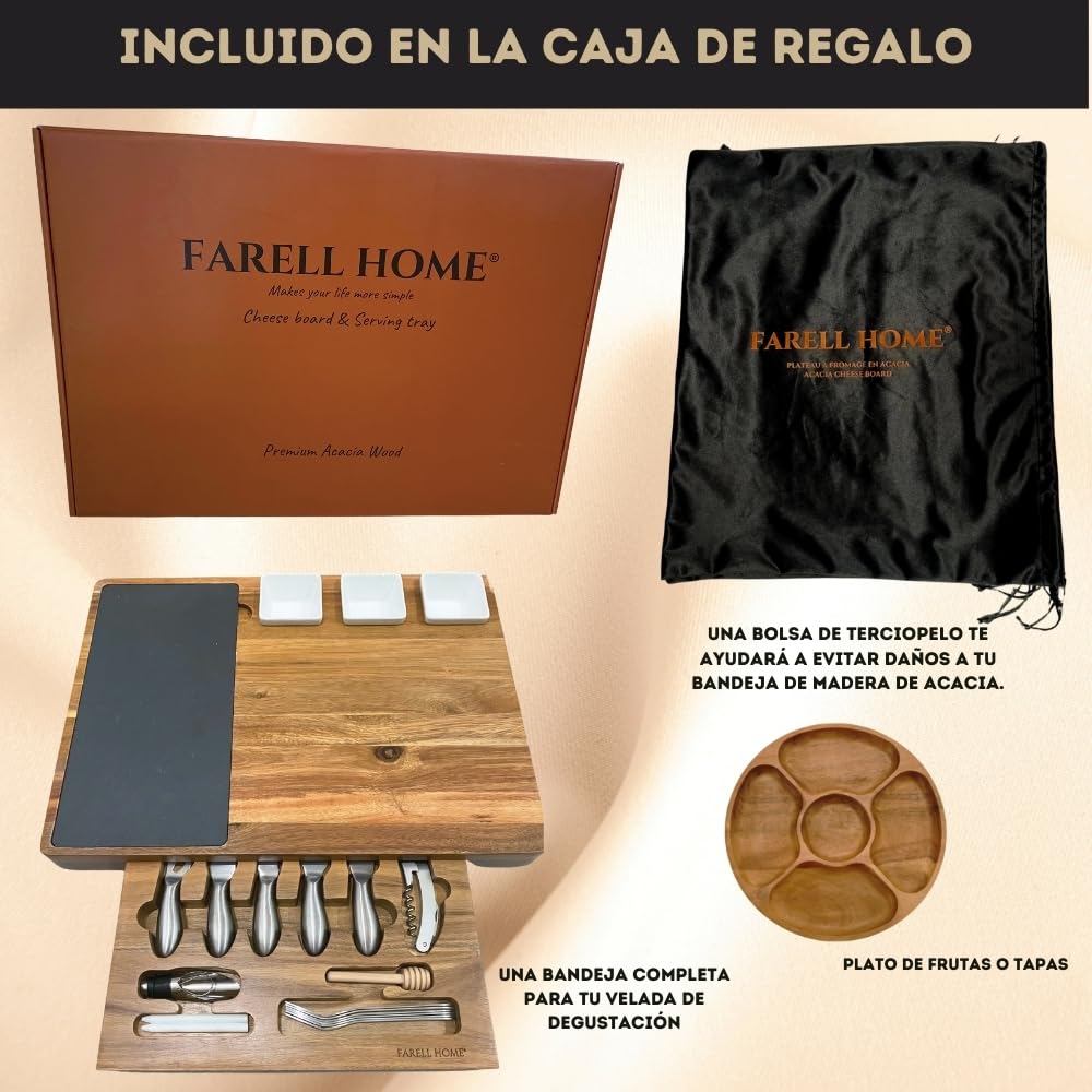 Tabla de quesos y embutidos de madera de acacia - Plato de quesos para aperitivo - Cubiertos de cerámica, pizarra y ramequín - Caja de degustación XL - Idea de regalo.