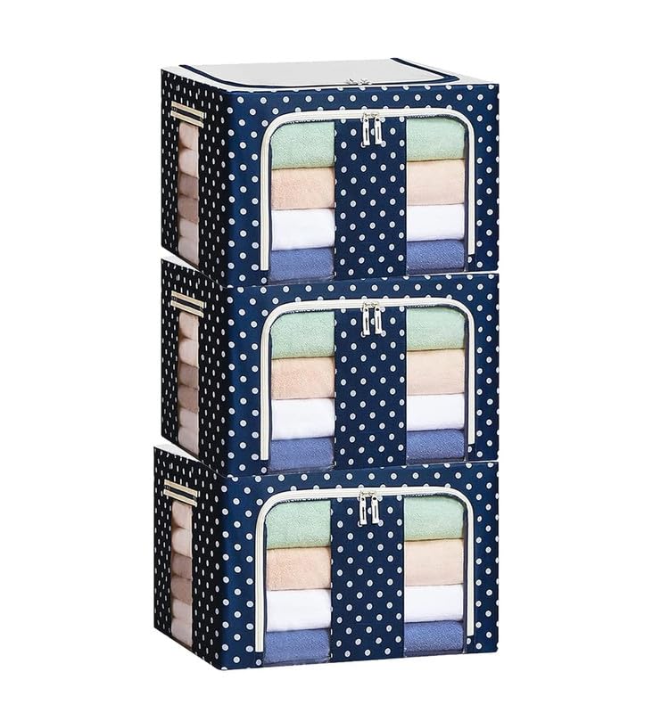 Image of Clothes Storage Box Wardrobe Organizer For Clothes 66 Liter Foldable Steel Frame Clothes Organizer Storage Box For Wardrobe, Saree, Shirts, And Blankets Pack Of 3