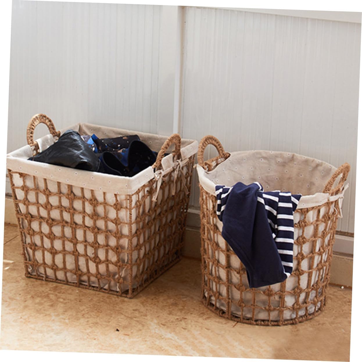 Portable Multi-purpose Laundry Basket Small Square Woven Rope Dirty Clothes Storage Bin for Bathroom Bedroom Living Organizing and Blanket Holder