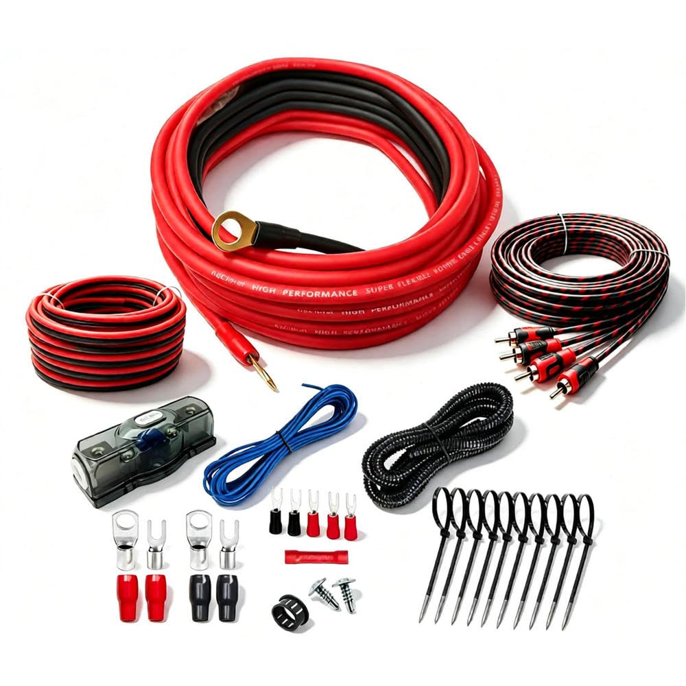 Zestaw okablowania 8 Gauge – 100% miedź beztlenowa OFC, kompletny zestaw instalacyjny przewodów wzmacniających, nawiąż połączenia i wprowadzaj energię do systemów dźwiękowych