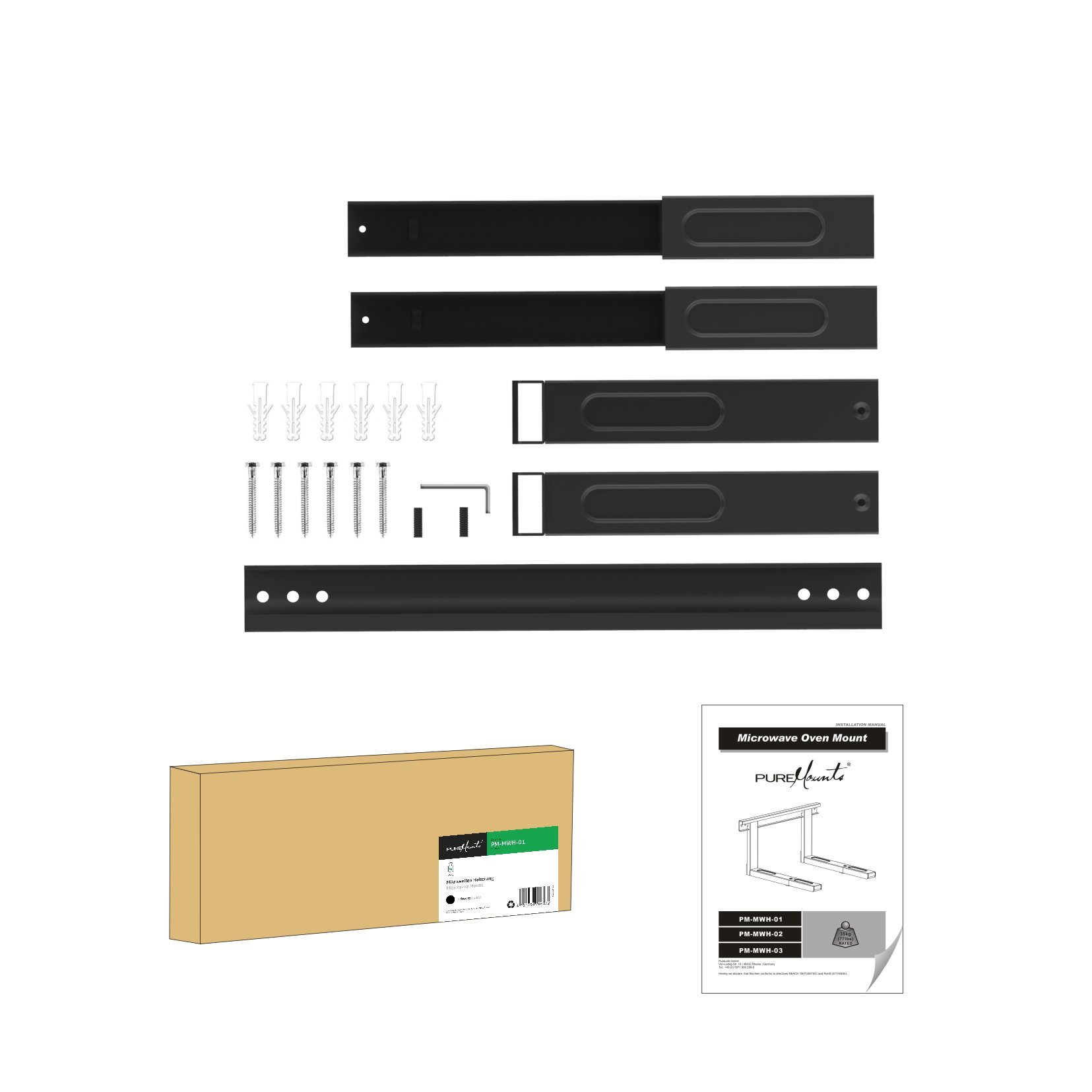 PureMounts MWH-01 Soporte universal / de microondas para montaje en pared Brazos de extensión ajustables en longitud (385-535 mm), ancho de la pluma: 43 cm, capacidad de carga: Máx. 35,0 kg, negro