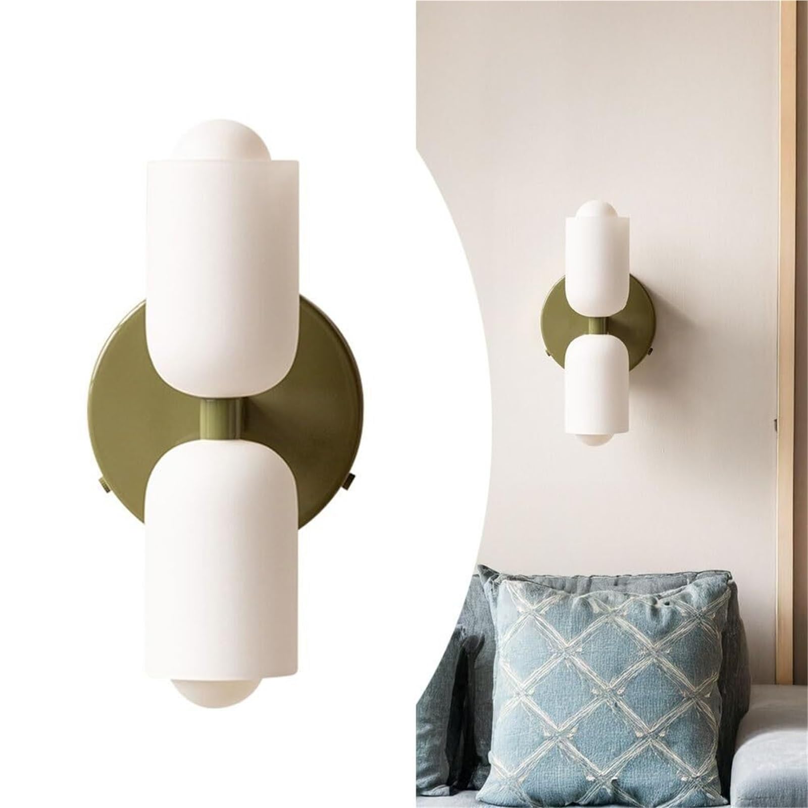 KHUKHU Double Cylinder Wall Sconce, Mid Century Modern Gold Vanity Light Fixture with White Glass Shade, 2-Light Bedside Wall Lamp, Decorative Wall Light for Bathroom, Bedroom, Living Room, Hallway