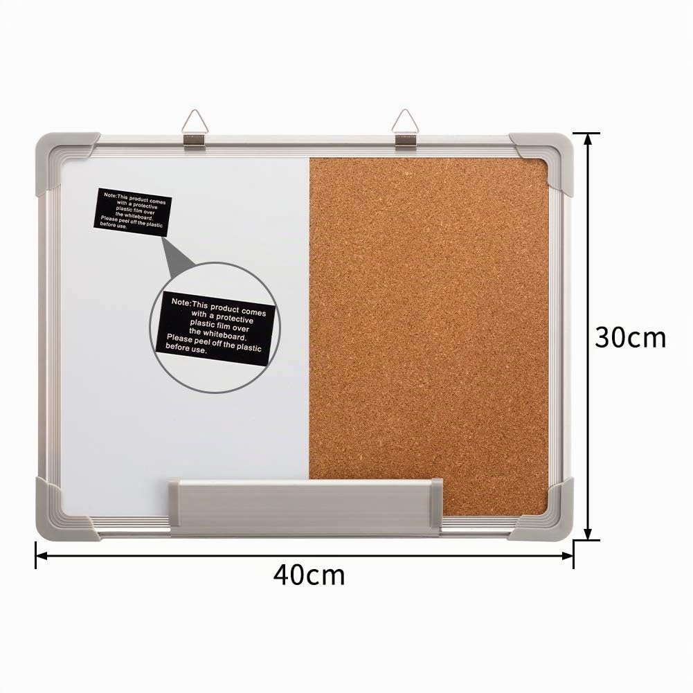 DOEWORKS Lavagna Bianca Combinata Bifacciale 40 x 30cm, Lavagna Magnetica Cancellabile a Secco & Bacheca in Sughero, Bacheca Sospesa a Parete per Casa Ufficio Scuola