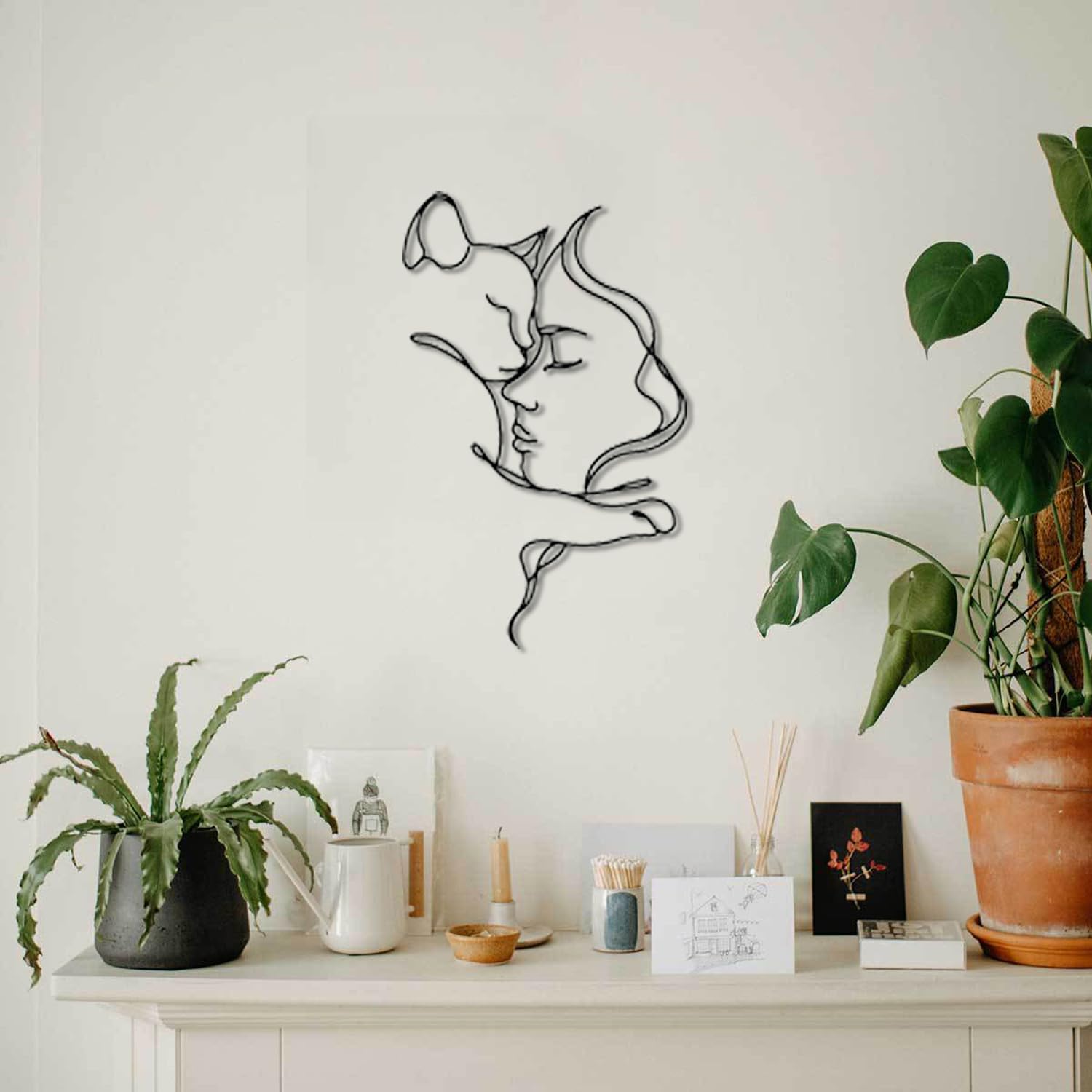 Huspox Decorazione da parete nera, decorazione da parete in metallo, decorazione da parete con ragazza e gatto per gli amanti dei gatti