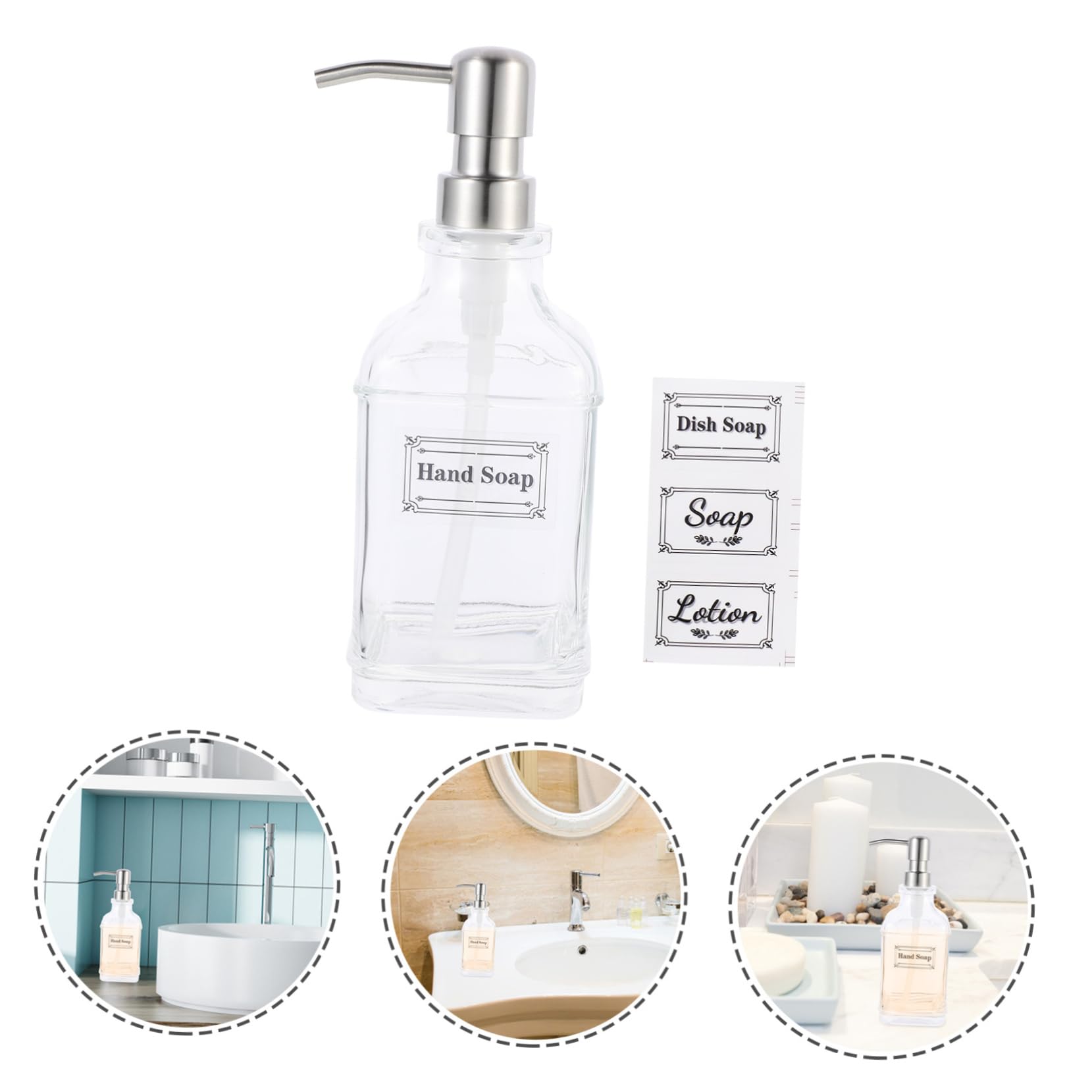 Soap Pump Dispenser de Jabón Líquido y Loción, Botella de Vidrio 300ml Bomba de Acero Inoxidable, Diseño Compacto para Hogar y Hotel