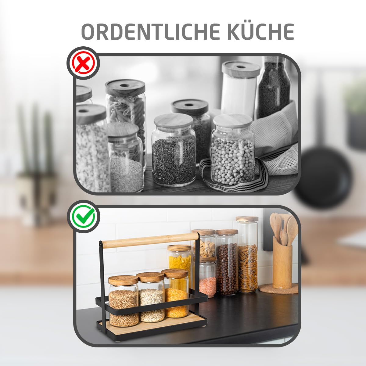 Amig - Gewürzregal - Küchenregal für Arbeitsplatte - Schwarzer Stahl und Bambus - Aufbewahrung von Gewürzdosen - Maße: 21,5 x 9,5 x 18 cm