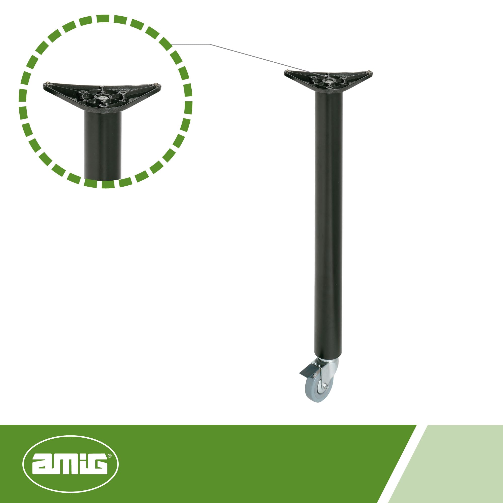Amig - Pied en Acier Noir Mod.7 avec roulettes pivotantes et Frein pour Tables de Bureau, Bureau - avec réglage Hauteur 10 mm - Dimensions : 870 x 60 x 1,2 mm - Résistance 15 kg/Jambe Incluse vis