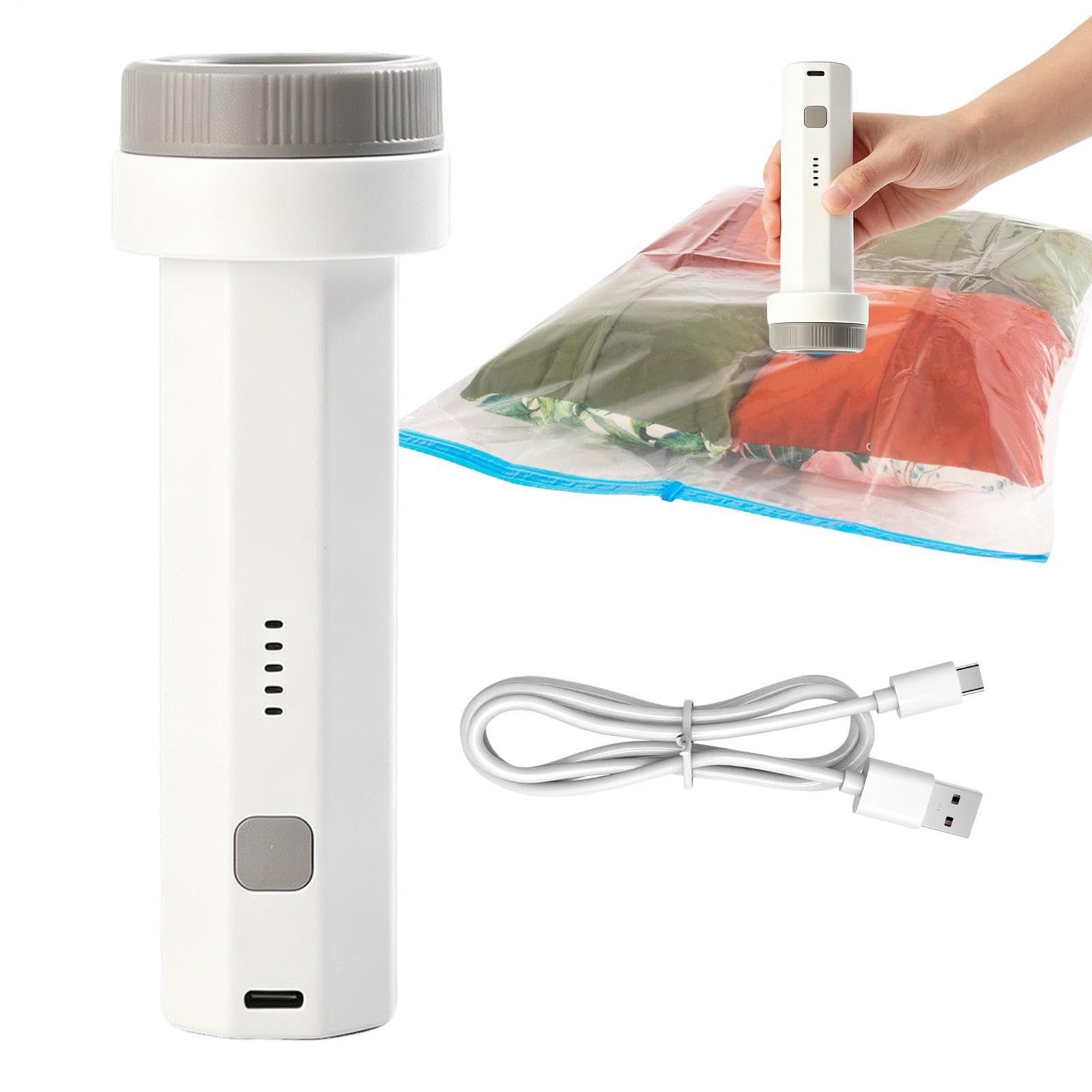 Travel Vacuum Pump - Clothes Storage Bag Air Extractor, Wireless Electric Handheld Suction Device, Integrated Flashlight Torch + Miicro USB Charging Cable, ABS Resin Deflator - for Luggage & Camping