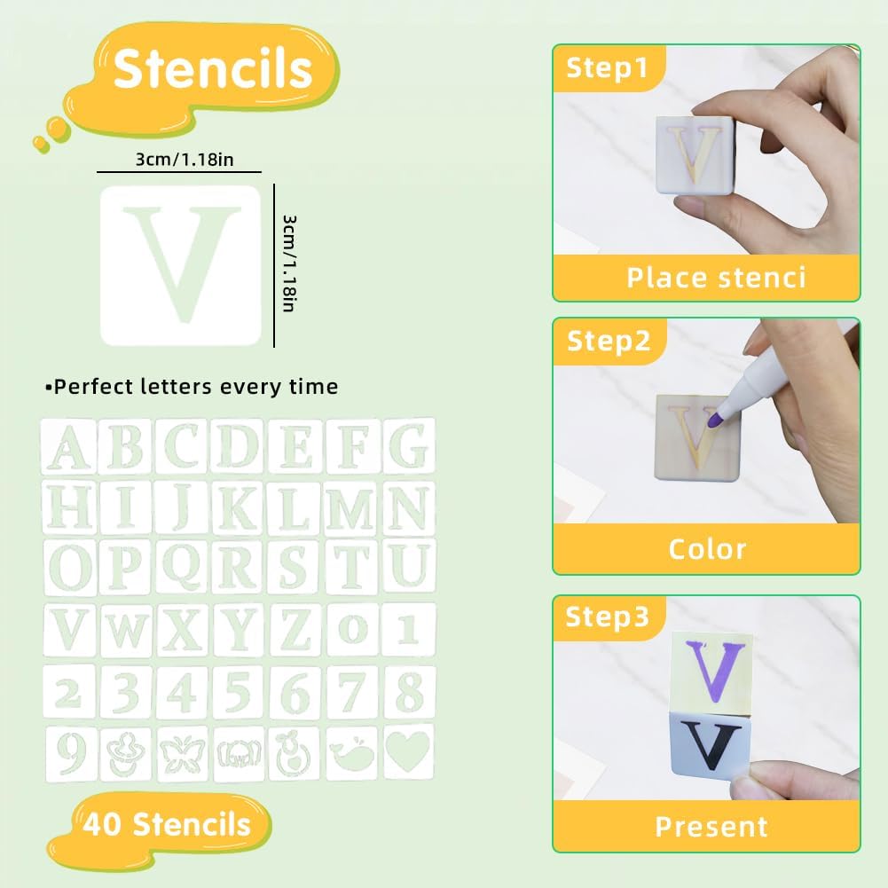 Baby Shower Blocks to Decorate，102PCS Baby Shower Blocks Game Set，Includes Clear Window Wooden Box, 40 Templates to Paint, 12 Acrylic Markers & 1 Wooden Sign Suitable for Boy and Girls