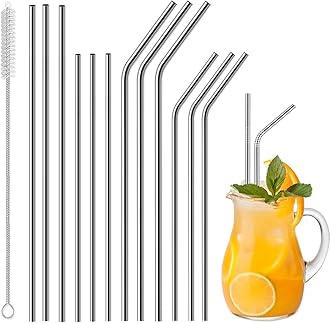 Vinaco Stainless Steel Straws Reusable, 12 Pack 8.5" & 10.5" Metal Straws 0.24" for 20 oz - 32 oz Tumblers, Long Drinking Straws with Cleaning Brush for Coffee, Juice, Cocktail and Hot Drinks
