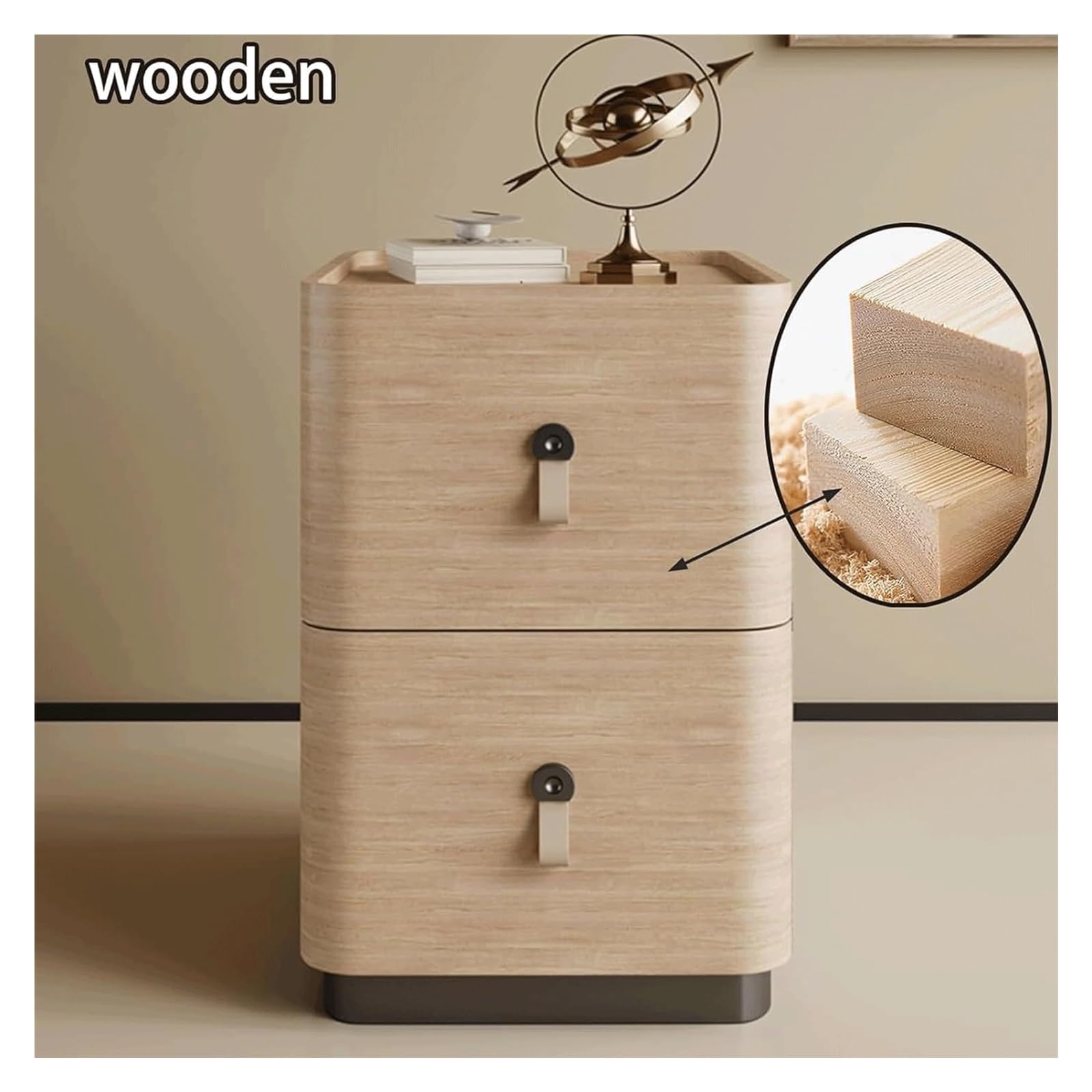 Stolik nocny z 2 szufladami, stolik nocny z litego drewna, skórzane wykończenie premium, mała szafka do przechowywania do sypialni, szara, 30 cm
