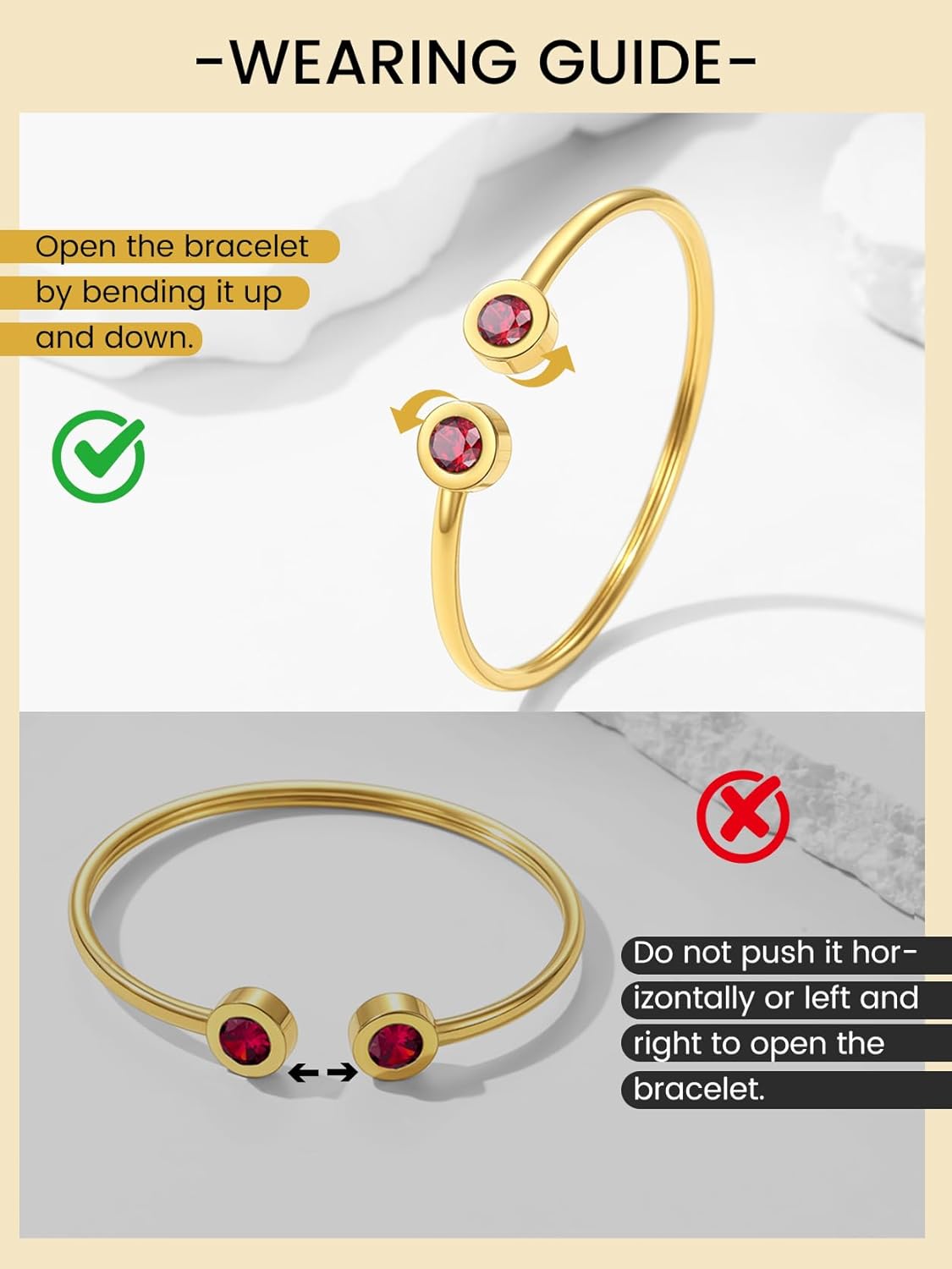 KeyStyle Stainless Steel Birthstone Bracelets for Women,Jan - Dec Birthday Cuff Bracelet fit Wrist from 6.7"-7.6",14K Gold Plated Bangle Bracelets Come with Box - Image 6