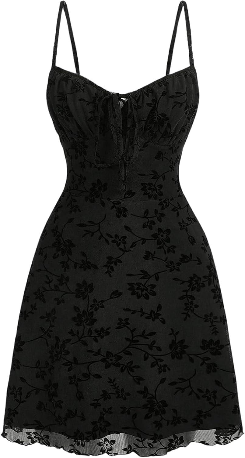Verdusa Women's Gothic Floral Print Short Cami Dress Tie Front Lettuce Trim Mesh Sleeveless A Line Dresses