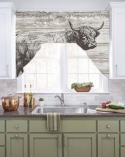Litter Star Swag Curtain Valance for Kitchen, Retro Countryside Yaks Art Swag Valances Rod Pocket Curtains, Farm Wood Board Light Filtering Window Topper for Bedroom Bathroom