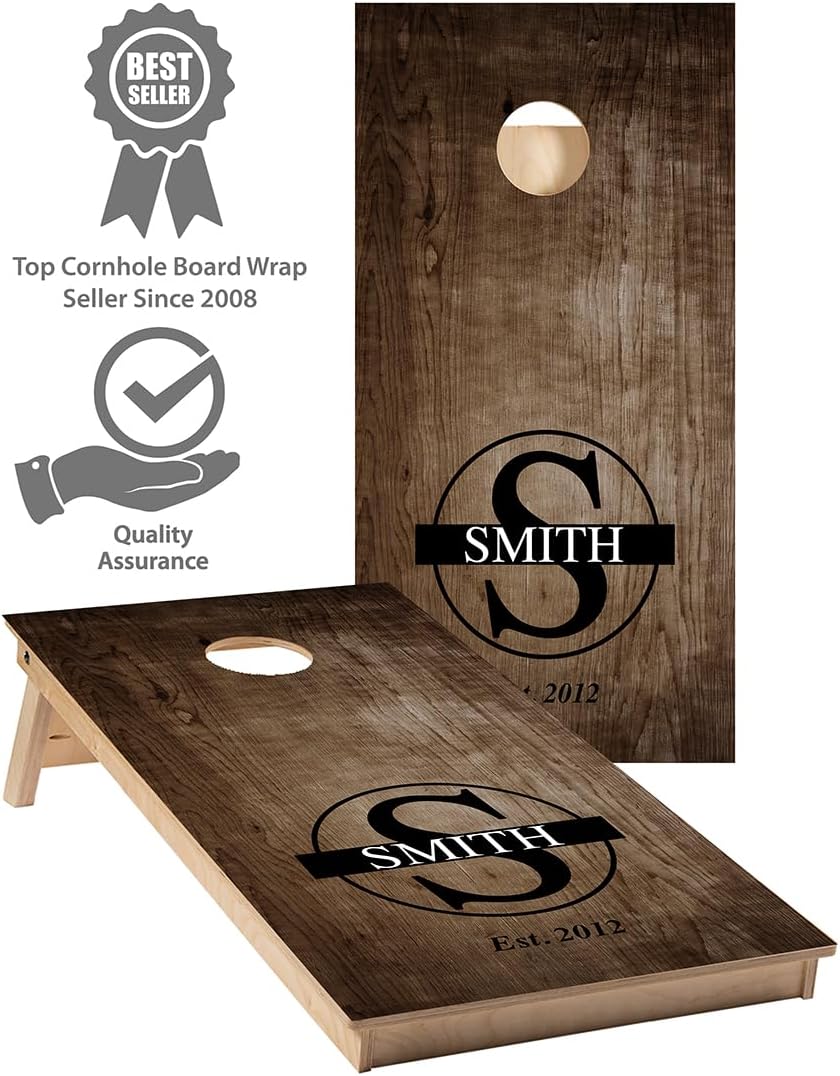 Cornhole Vinyl Wrap Custom Personalized Family Name Wood #523 - Wood Design Family Name Wrap - Cornhole Graphic Decals - Includes Application Squeegee - Set of (2) 25" x 49" Wraps with Gloss Laminate
