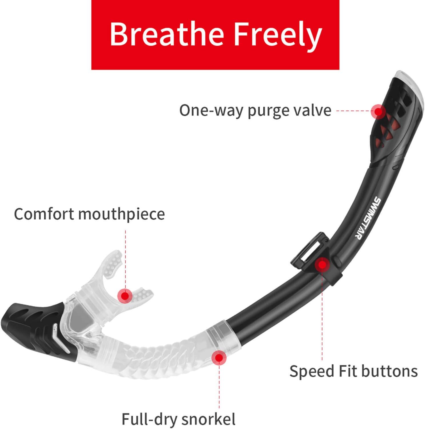 SwimStar Snorkel Set for Women and Men, Anti Fog Tempered Glass Snorkel Mask for Snorkeling, Swimming and Scuba Diving, Anti Leak Dry Top Snorkel Gear Panoramic Silicone Goggle No Leak Black