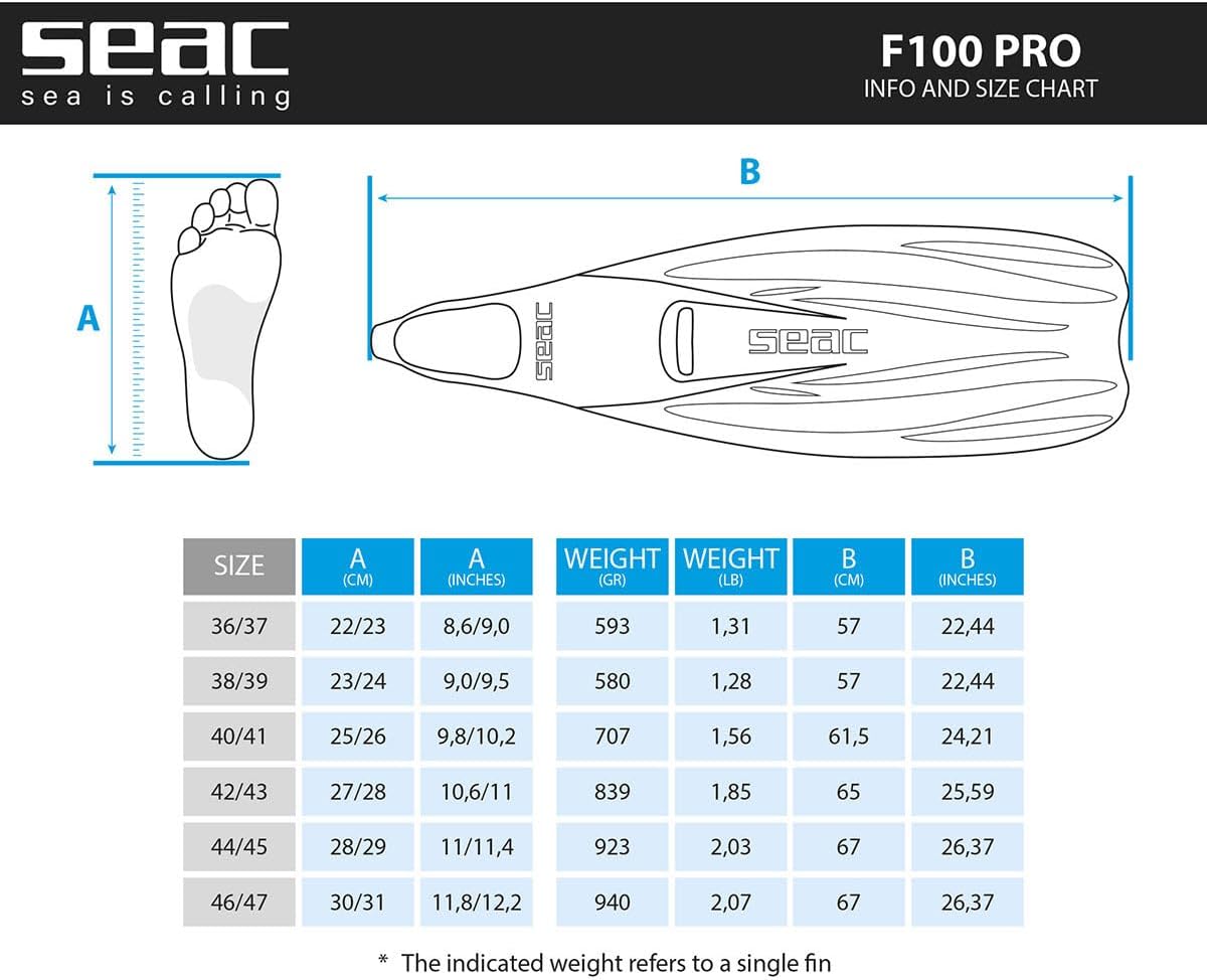Seac F-100 PRO Full Foot Fins - Red, 46/47
