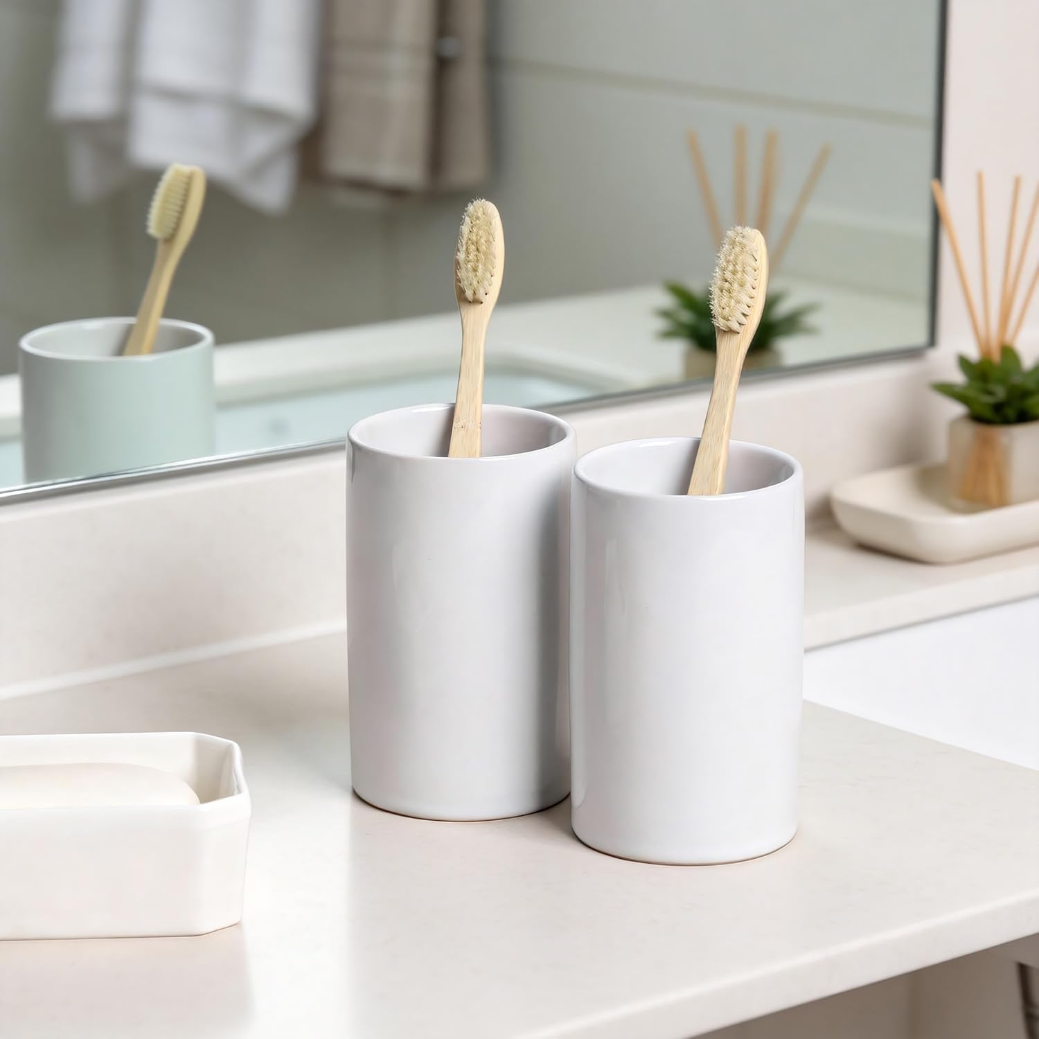 Gaolinci 2 Pcs Simple Solid Color Ceramic Mouthwash Cups, Bathroom Brushing Cup, 9 Oz