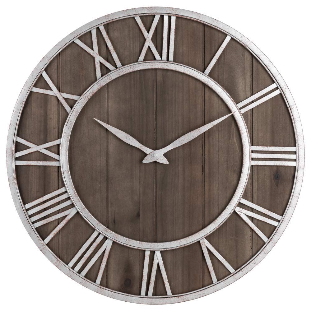 Oldtown Farmhouse Metal & Solid Wood Noiseless Wall Clock (Dark Brown, 24-inch)