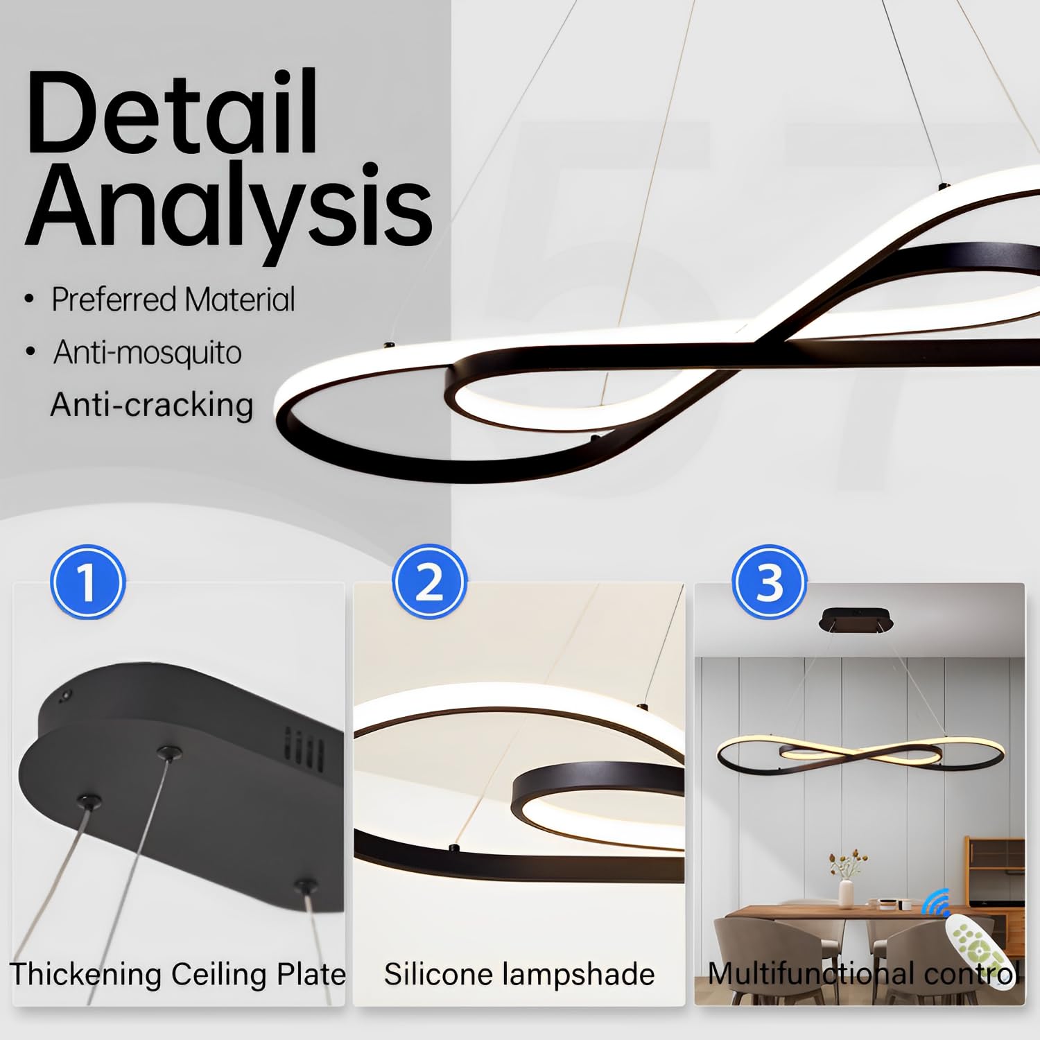 57W LED Pendelleuchte, Doppelfigur 8 Design, Schwarz | Dimmbare Hängelampe mit Fernbedienung, Pendellampe Hängend Höhenverstellbar, Hängeleuchte für Esstisch, Esszimmer und Küche