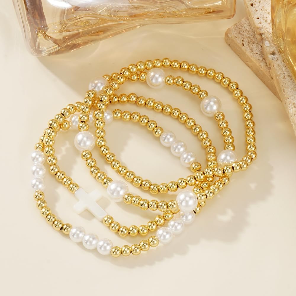 4Pcs Christian Stack Gold Plated Seed Beaded Bracelets Set for Women, Romantic Freshwater Pearl Stretch Accessories Adjustable String Rope Cross Jewelry, Daily Friendship Gift - Image 3