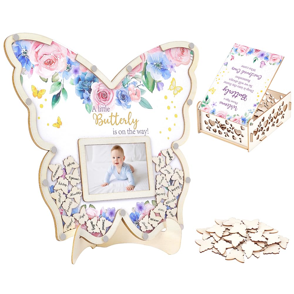 Peacoblue Gästebuch-Alternative für Babyparty 73-tlg Holz Schmetterling-Erinnerungsset mit Rahmen, Erinnerungsbox und Unterschriftsstücken Holzrahmen Taufe Alternative Gästebuch für Geburtstag