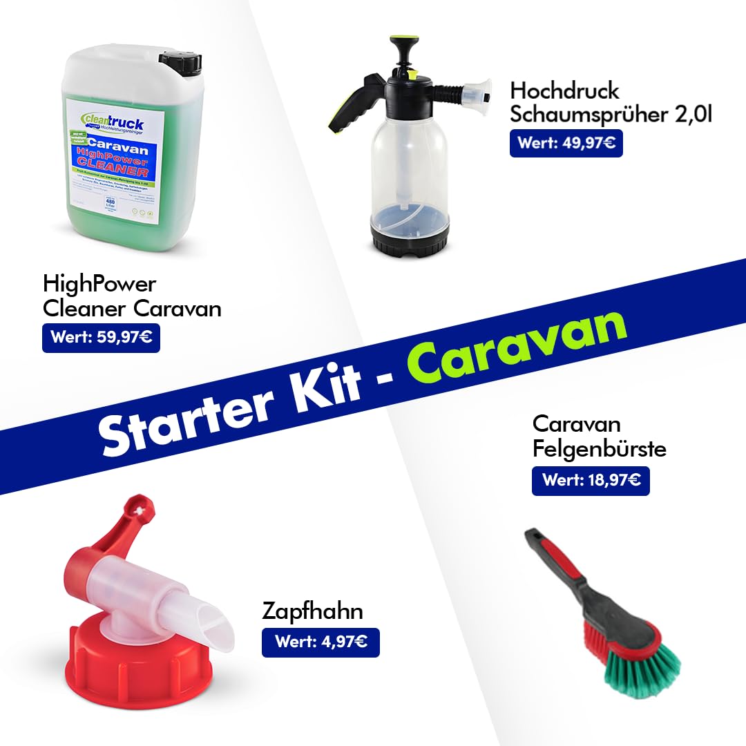 cleantruck Starter Kit Caravan - Professionelles Caravan Reiniger Starter-Paket gegen Regenstreifen & Grünbelag - inkl. Schaumsprüher, Zapfhahn & Felgenbürste