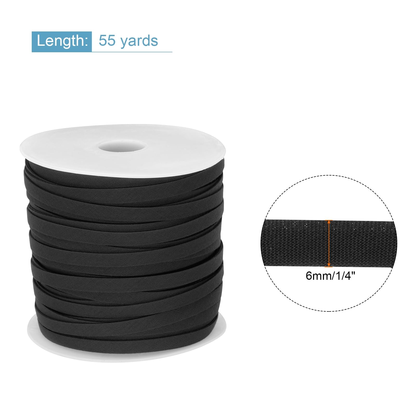 MECCANIXITY Cinta al bies de doble pliegue de poliéster de 1/4 pulgadas, cinta al bies continua a granel para costura, costura, acolchado, dobladillo, manualidades (negro 55 yardas)