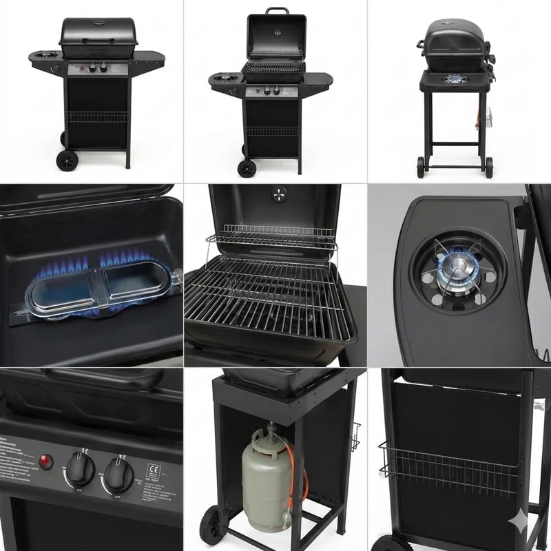Barbecue a Gas GPL con Pietra Lavica, 2 Bruciatori 2,9 kW + Fornello Laterale 2,5 kW, Coperchio con Termometro e Finestra, Acciaio Inox, Ruote, Total Black, per Giardino e Terrazzo