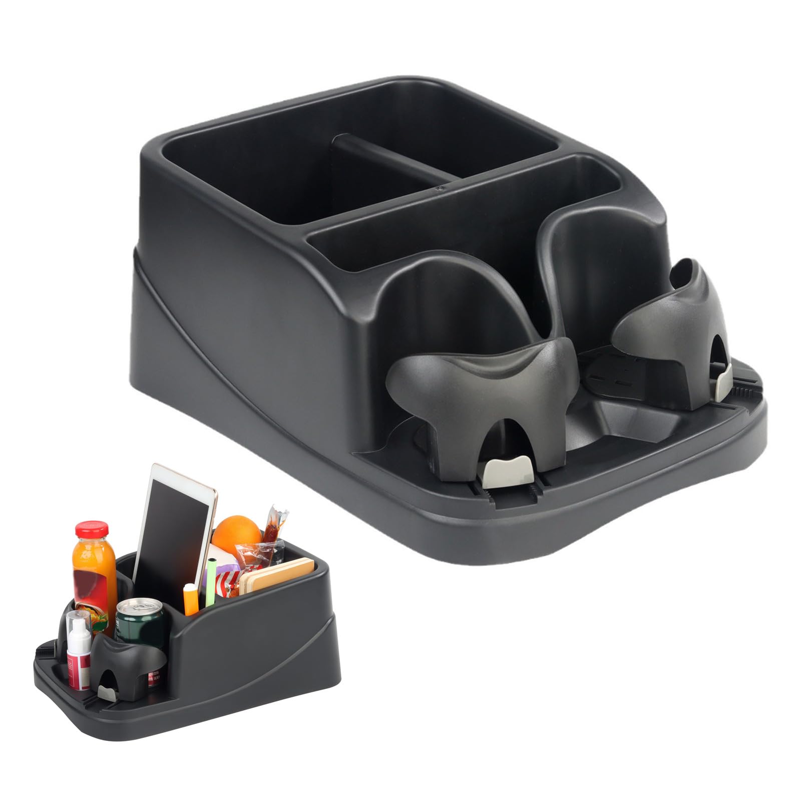 Organizadores de consola de coche, organizadores de asiento con 2 portavasos ajustables, 3 compartimentos de almacenamiento grandes