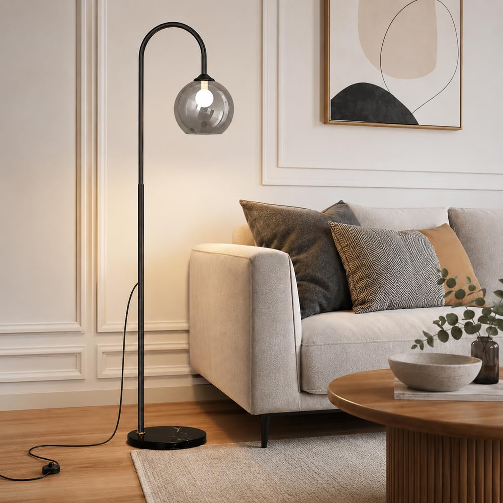 Wylolik Mid Century Modern Arc Floor Lamp, Globe Glass Shade, E27 3-Color Dimmable Globe Glass Standing Lamp, 64in Tall Light for Living Rooms, Bedrooms, Study, Reading Corners (Includes Bulb)