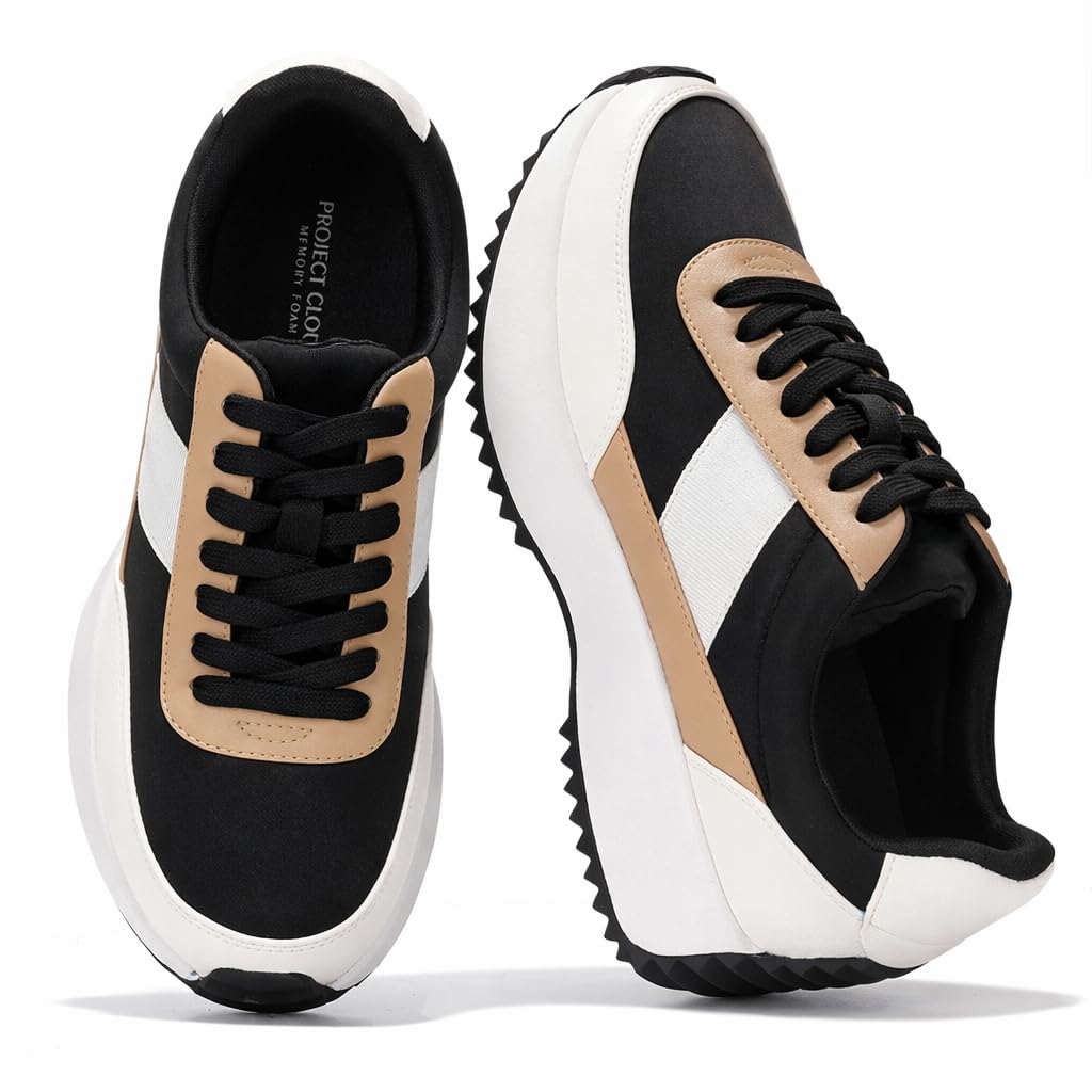 Project Cloud Womens Sneakers - Memory Foam Insole and Lightweight Spring Shoes - Non-Slip Lace Up Trendy Shoes - Fashion Sneakers for Women 2026 (Serena, Tan, 6.5)